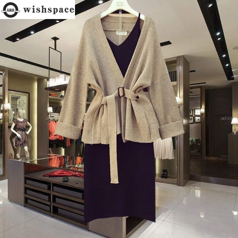 Women's Knitting Cardigan Suit Autumn and Winter 2022 New Loose Bandaged Sweater Cardigan Sling Dress Two-piece Set 2022 new neck scarf winter women men solid knitting collar thick warm velveted rings scarves high quality allmatch muffler