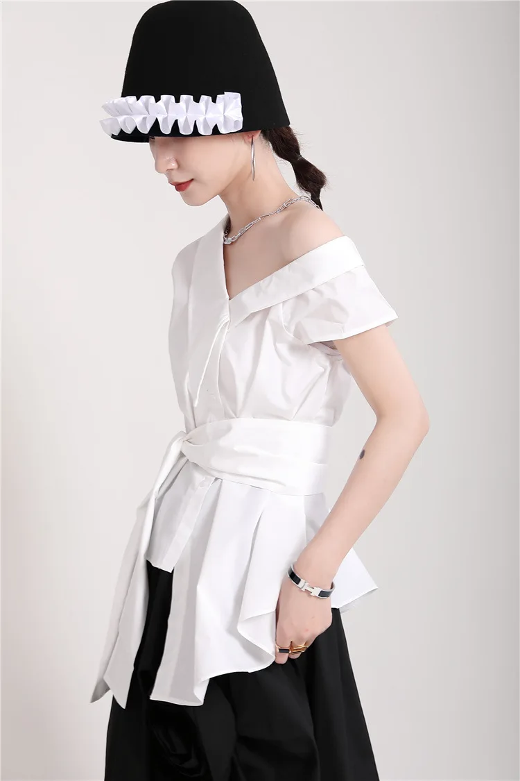 Foreign trade blouse 2024 summer Korean version lace-up big bow irregular oblique shoulder shirt blouse 279