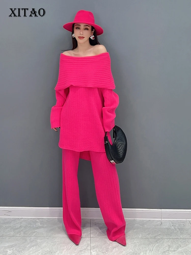 

XITAO Slash Neck Knitting Pullover Pant Sets Solid Color Loose Long Sleeve Tops Elastic Waist Full Length Pants Spring HQQ2168