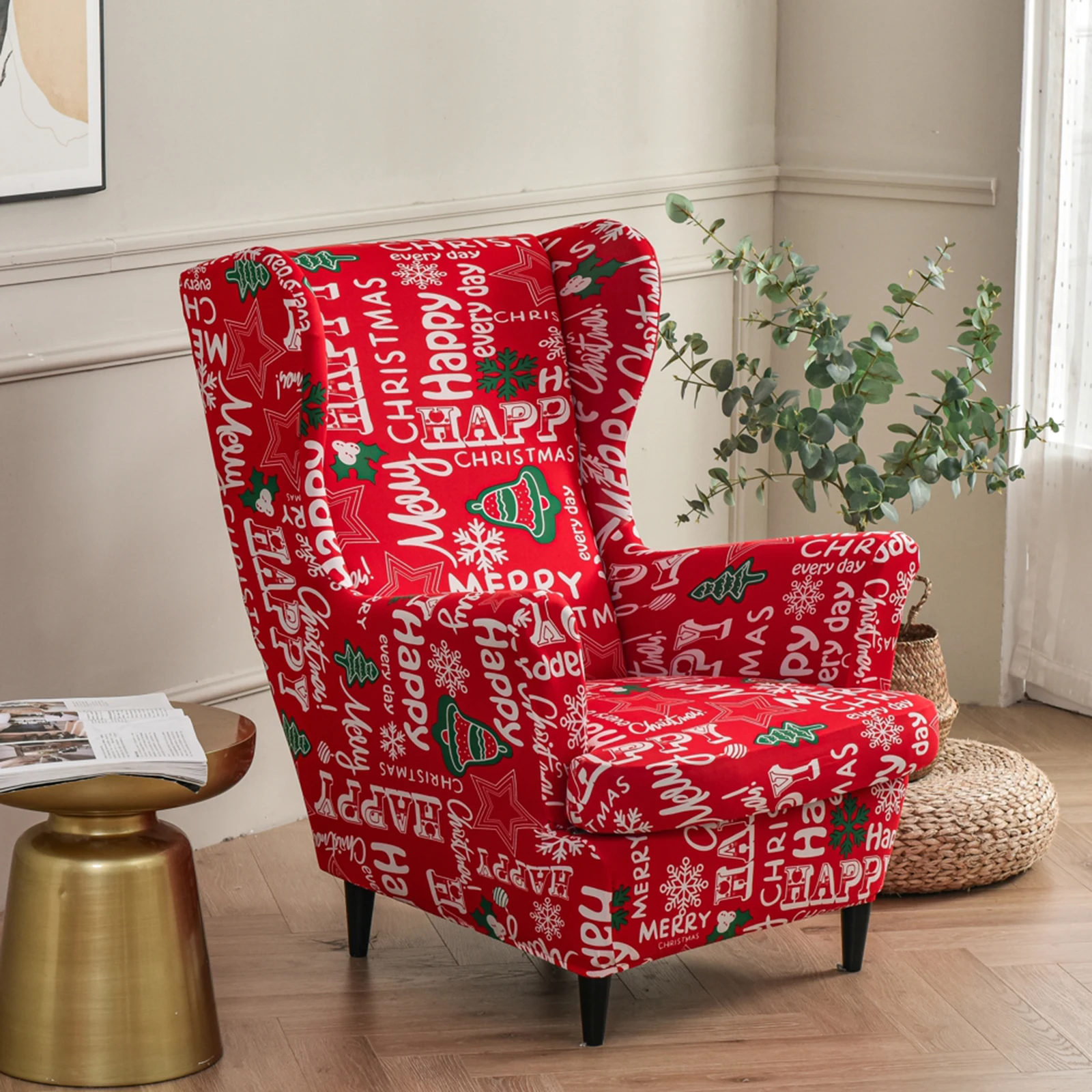 Printed Wing Chair Cover Stretch Spandex High Back Armchair Covers Elastic Non Slip Sofa Slipcovers with Seat Cushion Cover