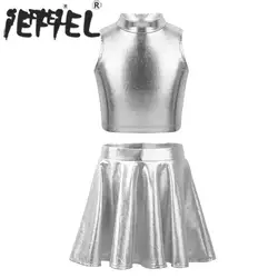 Children Clothing Girl Metallic Sleeveless Tops Flared Pleated A-Line Mini Short Skirt Kids Outfits 2pcs Clothes Set Dance Wear