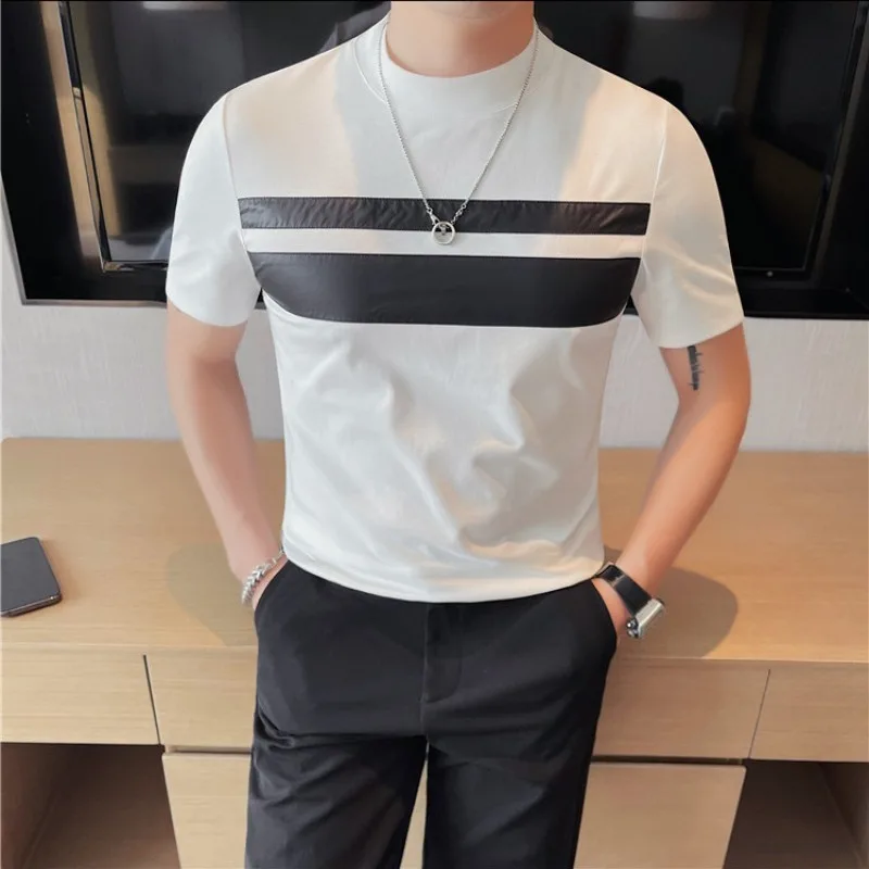 

2024 Summer PU Splicing T-shirts Men Short Sleeve Round Necked Slim Casual Tshirts Social Party Tee Tops Streetwear Men Clothing