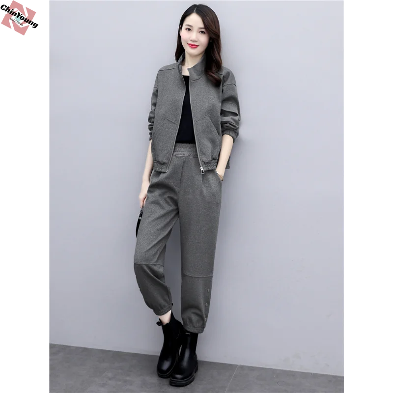 

Women Cargo Pants Suit Autumn Age-reducing Sweatshirts Casual Fashion Slim Fit Two Pieces Coats Set Matching Stand Collar Jacket