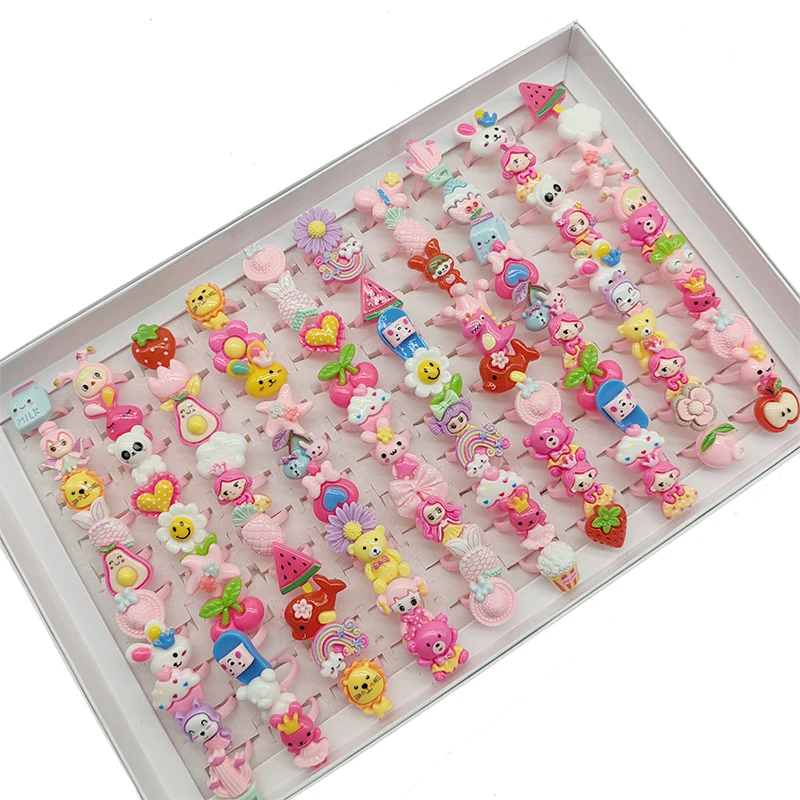 50/100pcs Child Finger Ring Gifts for Little Girl Bear Fruit Flower Animal Jewelry, finger ring, animal ring