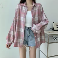 Women Tartan Shirt Long Sleeve Collared Button Up Oversized Plaid Shirt Jacket Grunge Fashion Teenage Girl Spring Summer Outfit 2