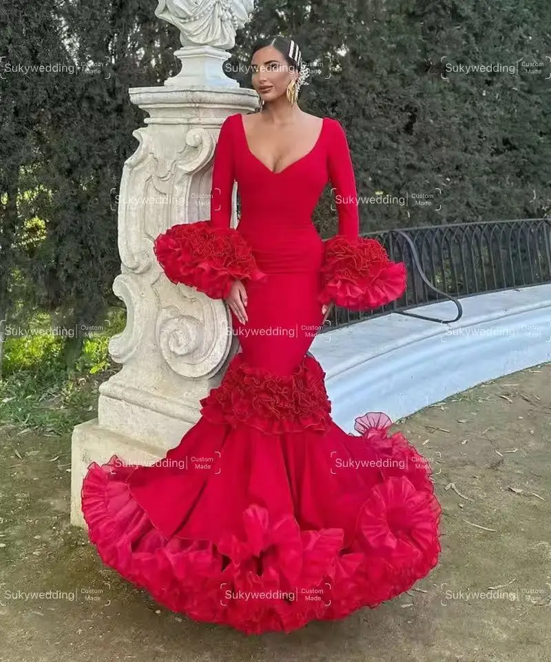 Corset Prom Dress Red Flamenco Style Dress Red Tulle Satin Maxi Dress With  Ruffle Detail Elegant