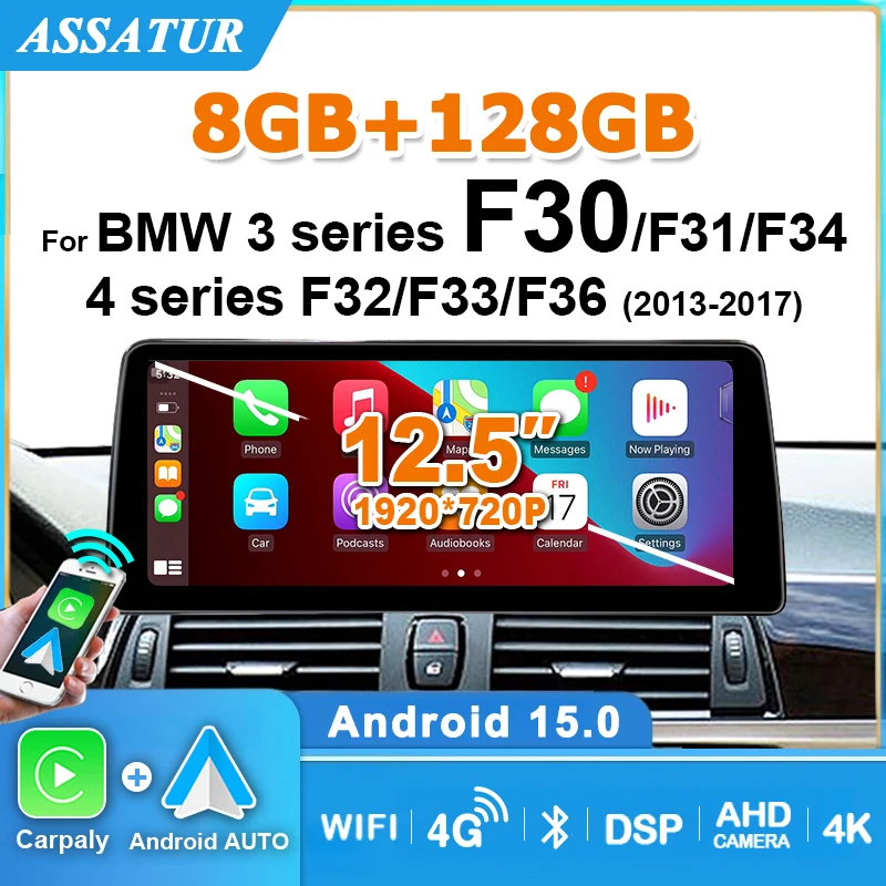 12,5-Zoll-Bildschirm, kabelloses Carplay, Android 15 Autoradio für BMW Serie F30 F31 F32 F33 F34 F36 2013-2017, Multimedia-Player, 2 DIN
