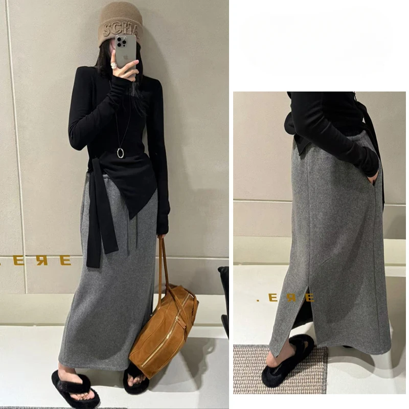 Korean Style Pregnant Woman Drawstring Waist Long Step Skirt with Pockets Back Split Long Loose Casual Maternity Cashmere Skirts