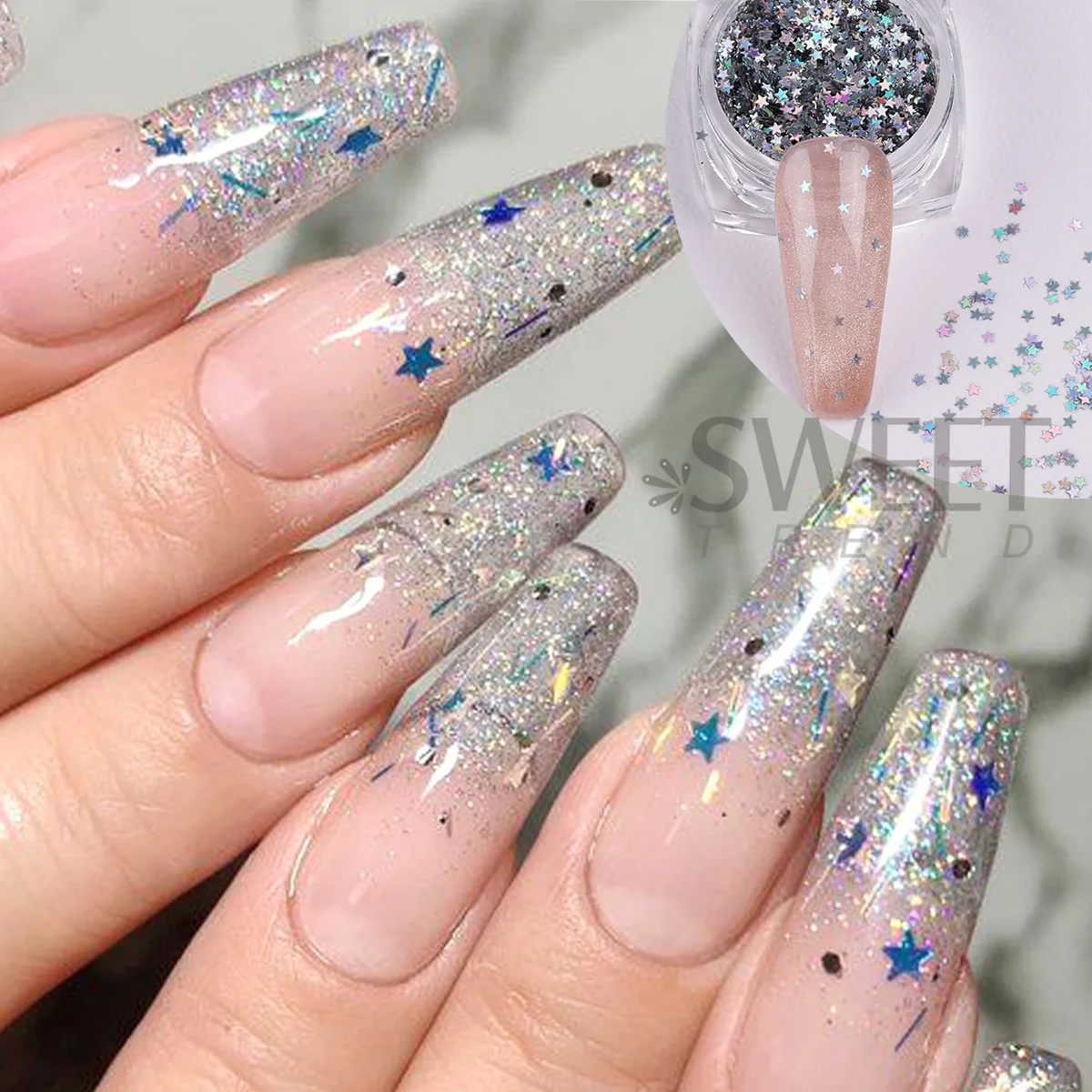 6pcs Holographic Silver Snowflakes Nail Art Sequin Mixed Star Round Hexagon Mini Heart Star Slices Spangles Laser Manicure Flash