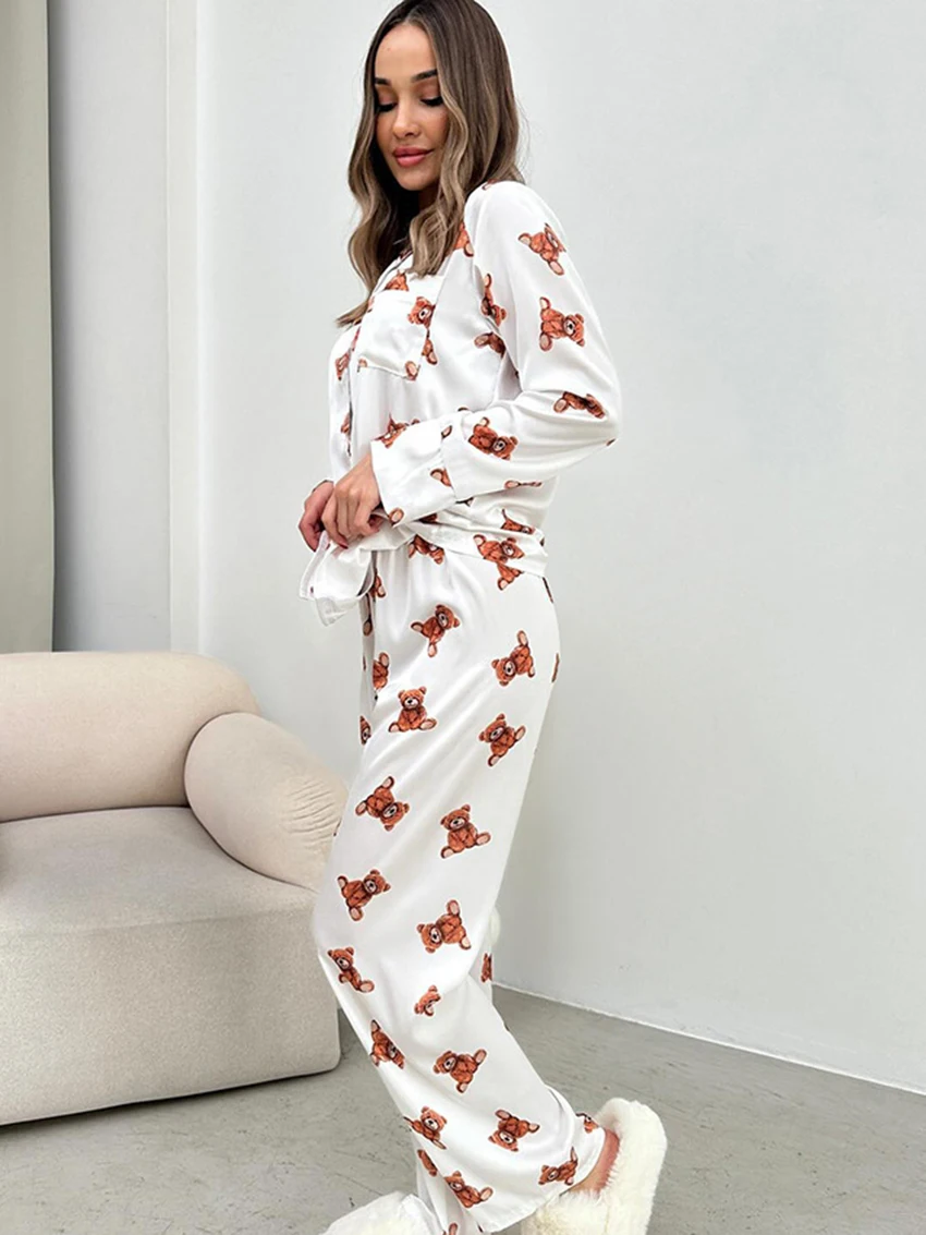 Marthaqiqi Casual Women'S Pajamas 2 Piece Set Long Sleeve Nightgowns Sexy Turn-Down Collar Sleepwear Wide Leg Pants Nightie Suit