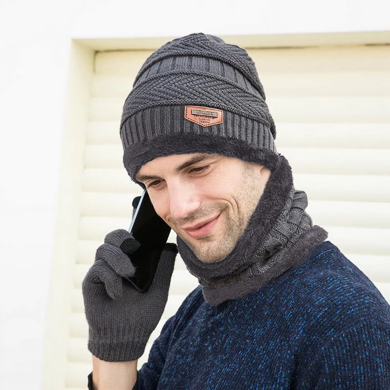 3Pcs/Set Fashion Knitted Hat Men Women's Winter 2022 Hats with Scarves and Touch Screen Gloves Thick