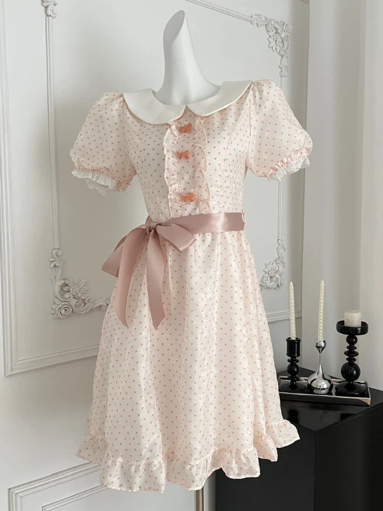 Japanese Elegant Sweet Original Design Evening Dress Women Dot Bow Sashes  Puff Sleeve Party Dress Princess Casual Cute Clothing