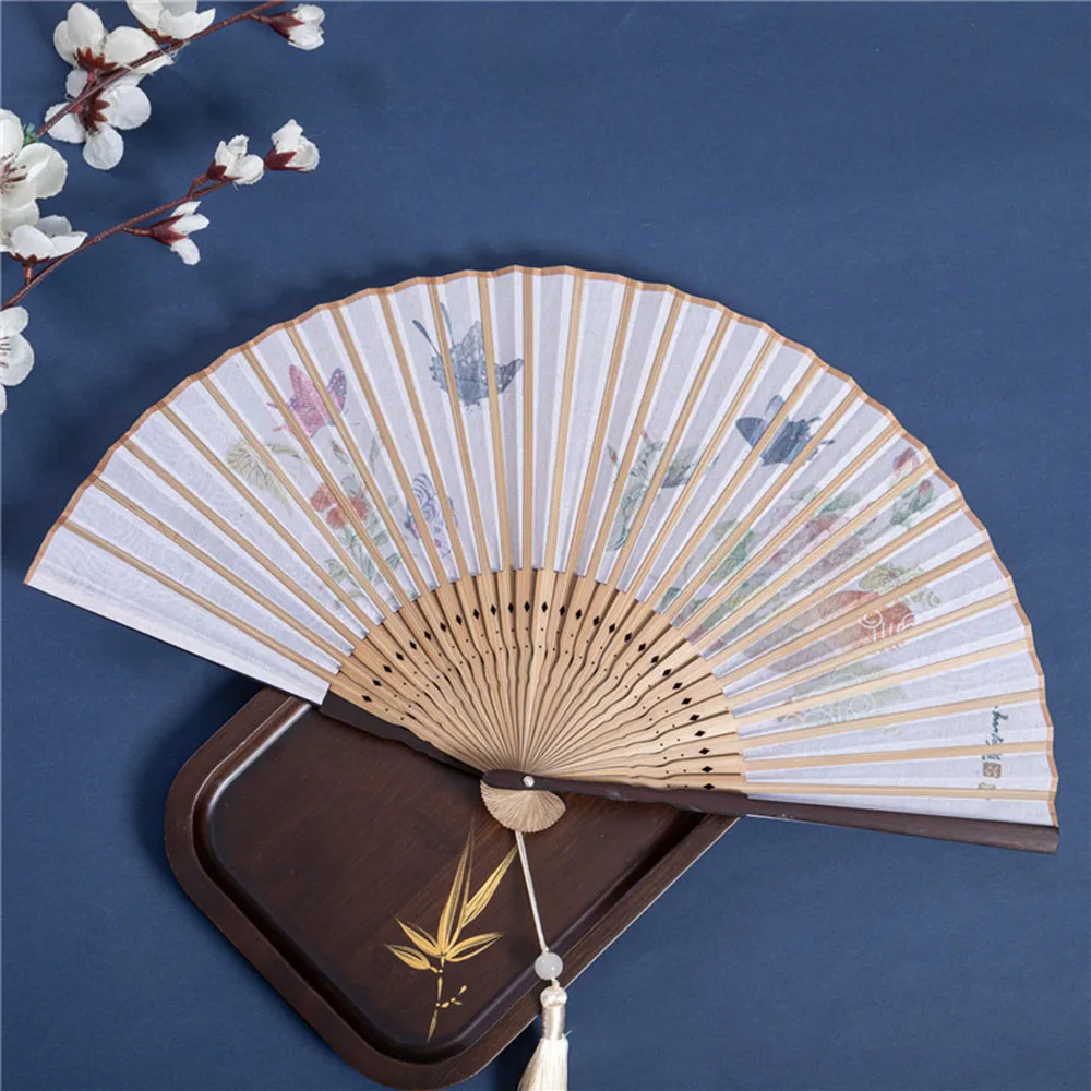 Retro Chinses Folding Fan Tassel Printed Cat Butterfly Flower Hanfu Fan Women Dance Hand Fans Photography Decoration Crafts folding fan,hand fan