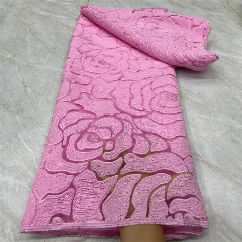 

Pink High Quality African Nigerian Tulle Lace Fabric Organza Embroidery Guipure Party Gown Dress Brocade Jacquard Wedding 5Yard