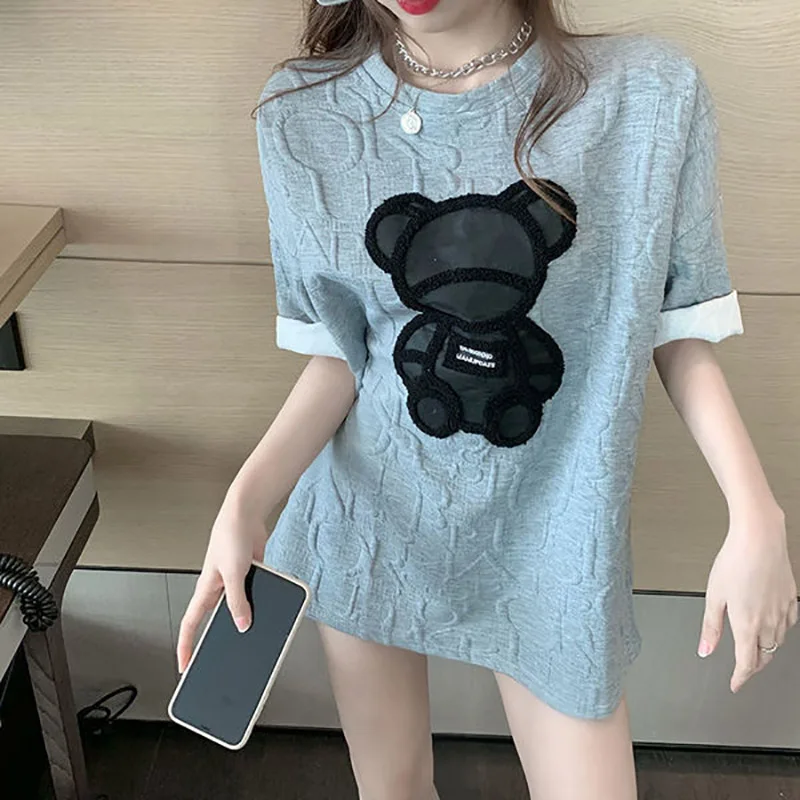 Korean fashion women's bear embroidery short-sleeved T-shirt