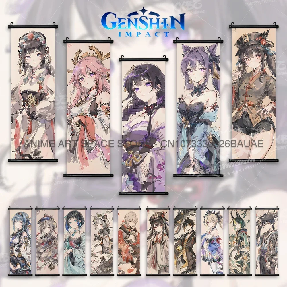 Spiel Genshin Impact Hängende Malerei Keqing Anime Tapete Yae Miko Home Decor Poster Raiden Shogun Wandkunst Scroll Bild