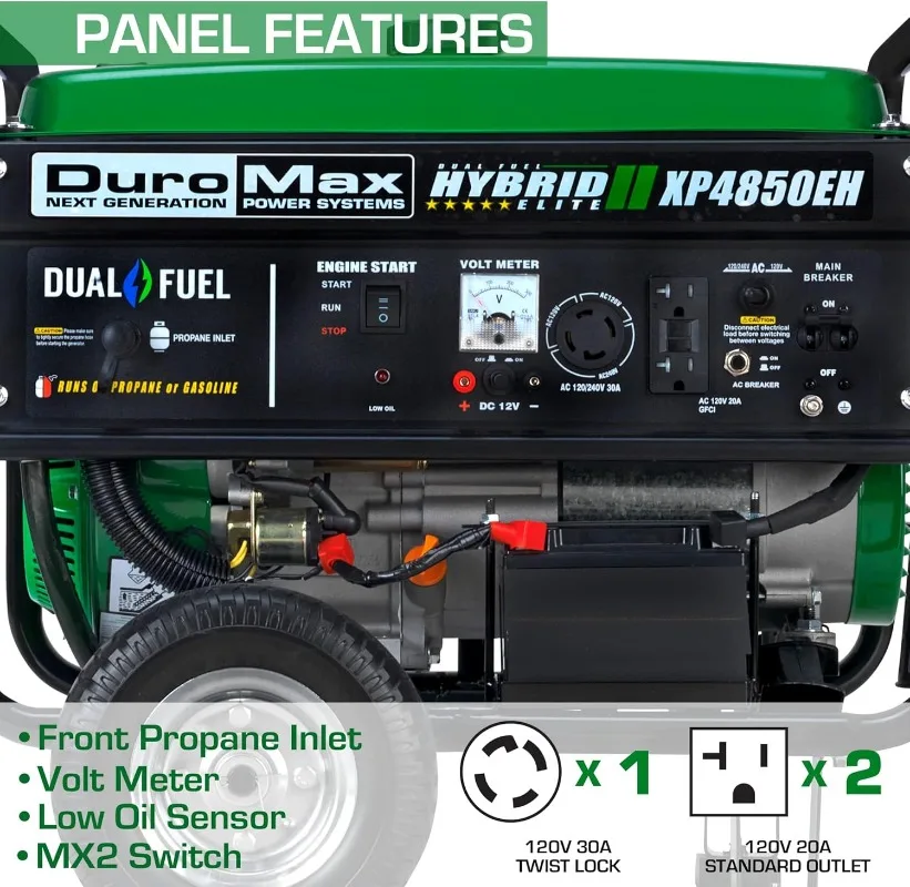 Generator-4850 Watt Gas or Propane Powered Electric Start-Camping RV Ready 50 State Approved Dual Fuel Portable Generator Green