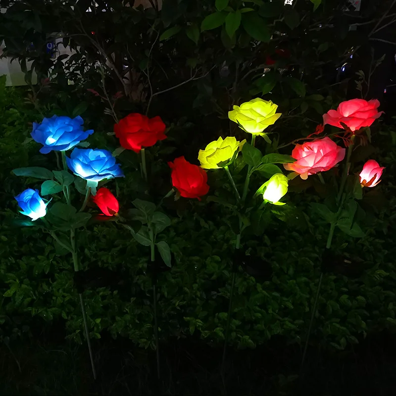 3 Head LED Solar Simulation Rose Flower Light Garden Yard Lawn Night Lamp Waterproof Landscape Rose Light Home Decoration