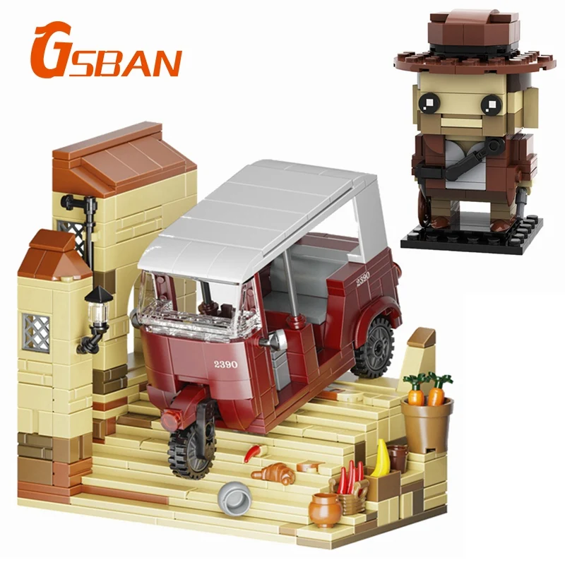 GSBAN Indianaed 영화 Jones Cowboy Brickheadz Galloping 인력거 자동차 MOC 세트 빌딩 블록 키트 장난감 어린이 선물