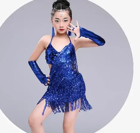 

1pcs/lot children sequin latin dress kid sexy halter tassel latin dress girls ballroom dancing dress 4colors