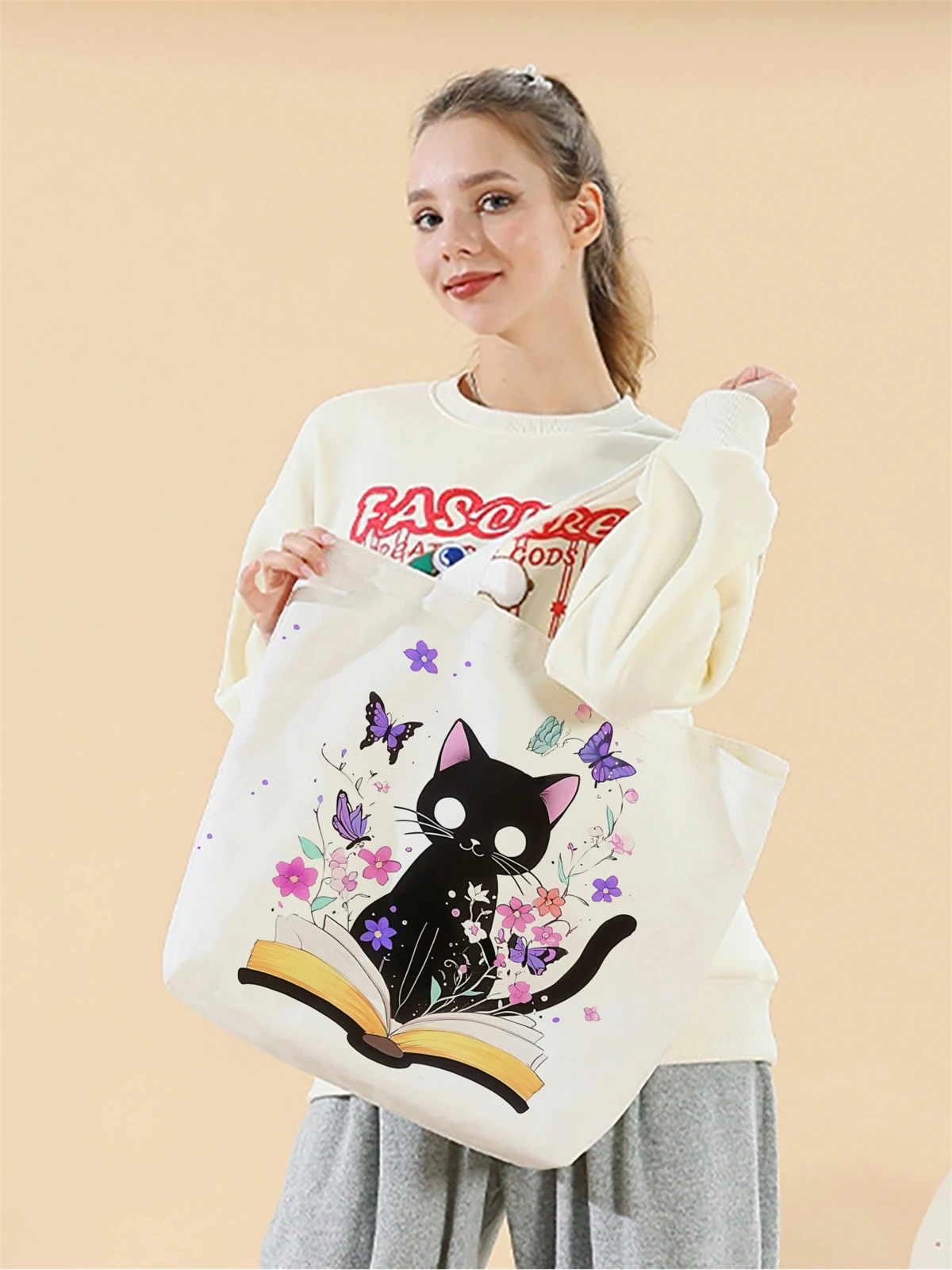 1pc,flower cat handbag, reusable fashionable handbag, multifunctional handbag, printed canvas shopping bag