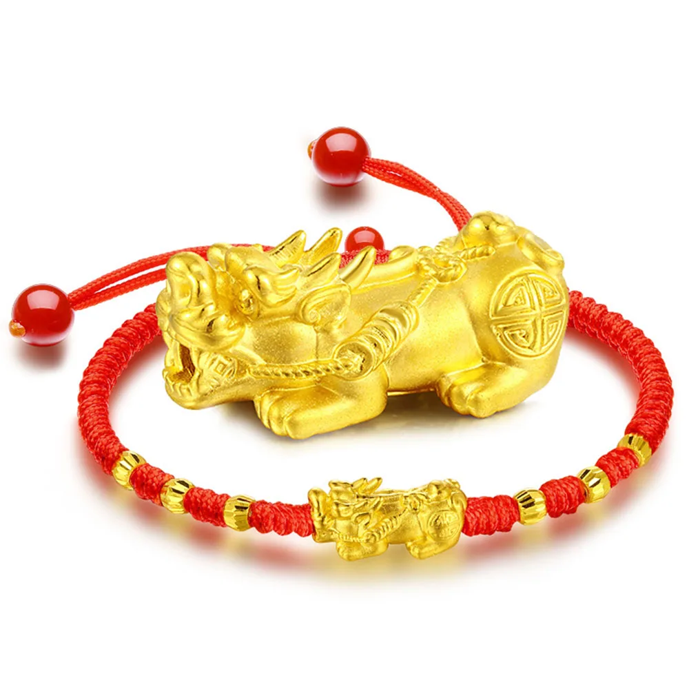 

Pure 24K Yellow Gold 3D Pixiu Faced Beads Knitted Bracelet Women Gift