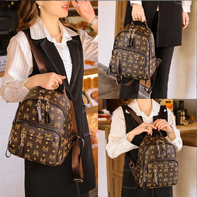 

New Fashion Luxury Printing Large Capacity Backpack Women High Quality Leather Shoulder Bags Casual Travel Bagpack School Bag