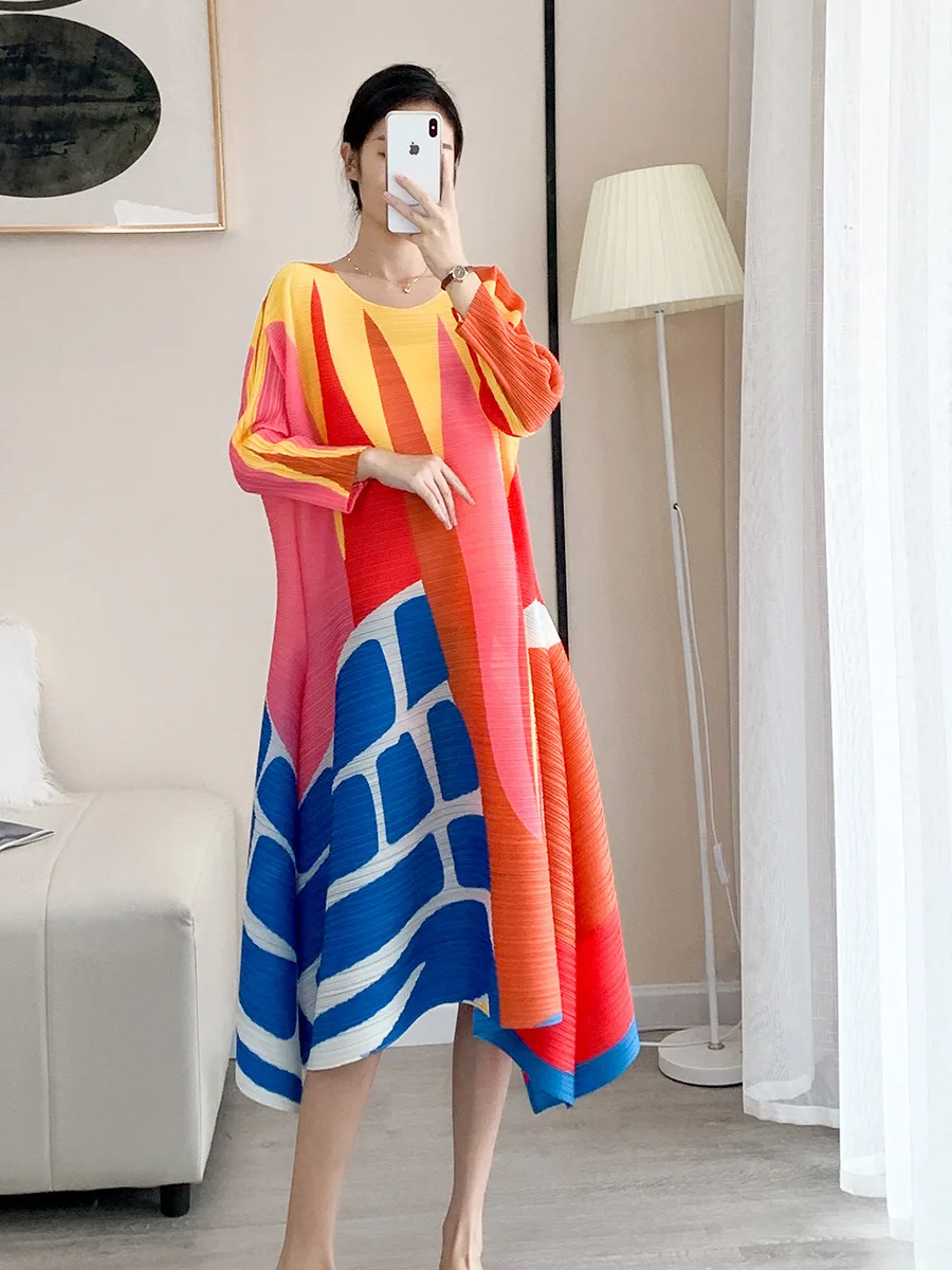 

Плиссированное модное свободное платье с длинным рукавом и принтом, осень 2022, Новое высококачественное платье