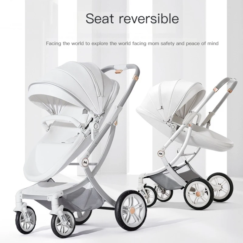 New Luxury Baby Stroller Can Sit and Lie Two-way Folding Stroller Newborn Baby White Eggshell PU Leather Cariage