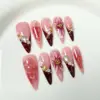 10pcs long stiletto handmade false nail sets pink Smudge almond nails tips flower diamond fake nail art French press on nails