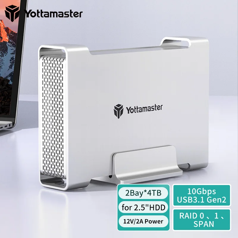 Yottamaster USB3.1 Gen2 10Gbps Type-C 2베이 RAID 인클로저 지원 RAID 0 /1 /SPAN 3 RAID 모드 SATA 외장 하드 드라이브 스토리지