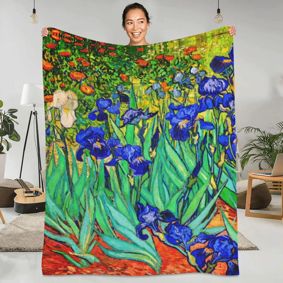 

Vincent Van Gogh Flannel Blanket Irises Flower Print Super Warm Throw Blanket for Couch Chair Picnic Bedspread Sofa Bed Cover