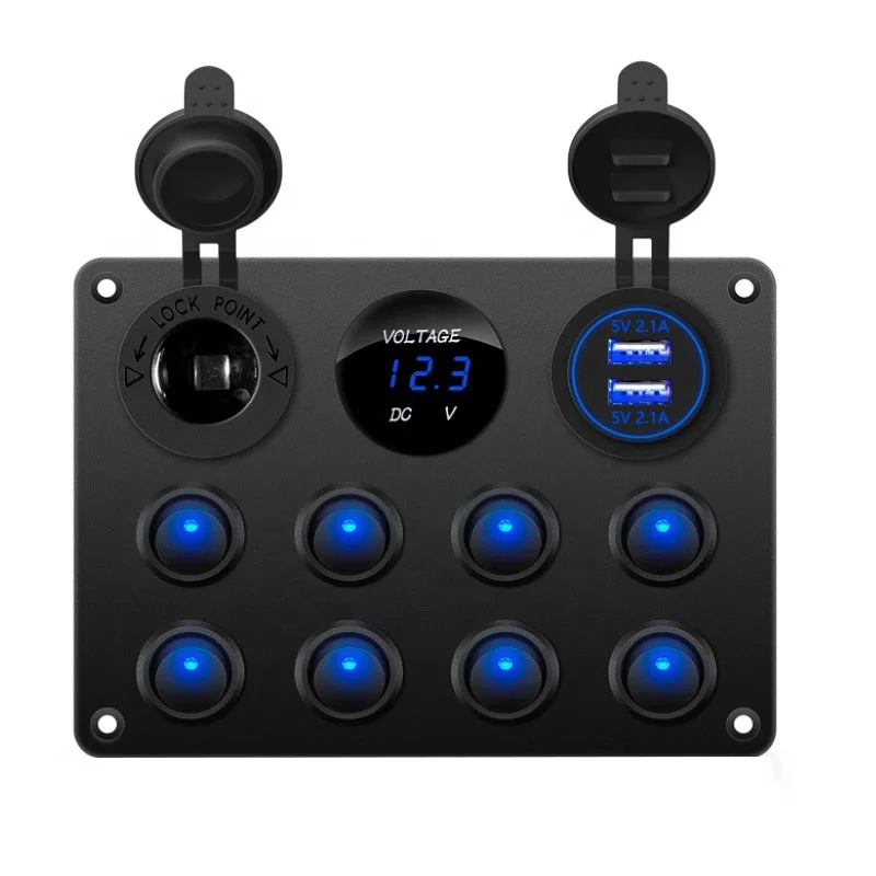 

Waterproof 8 Gang Rocker Dual USB Charger Digital Voltmeter 12V Outlet Pre-Wired Switch Panel with Circuit Breakers