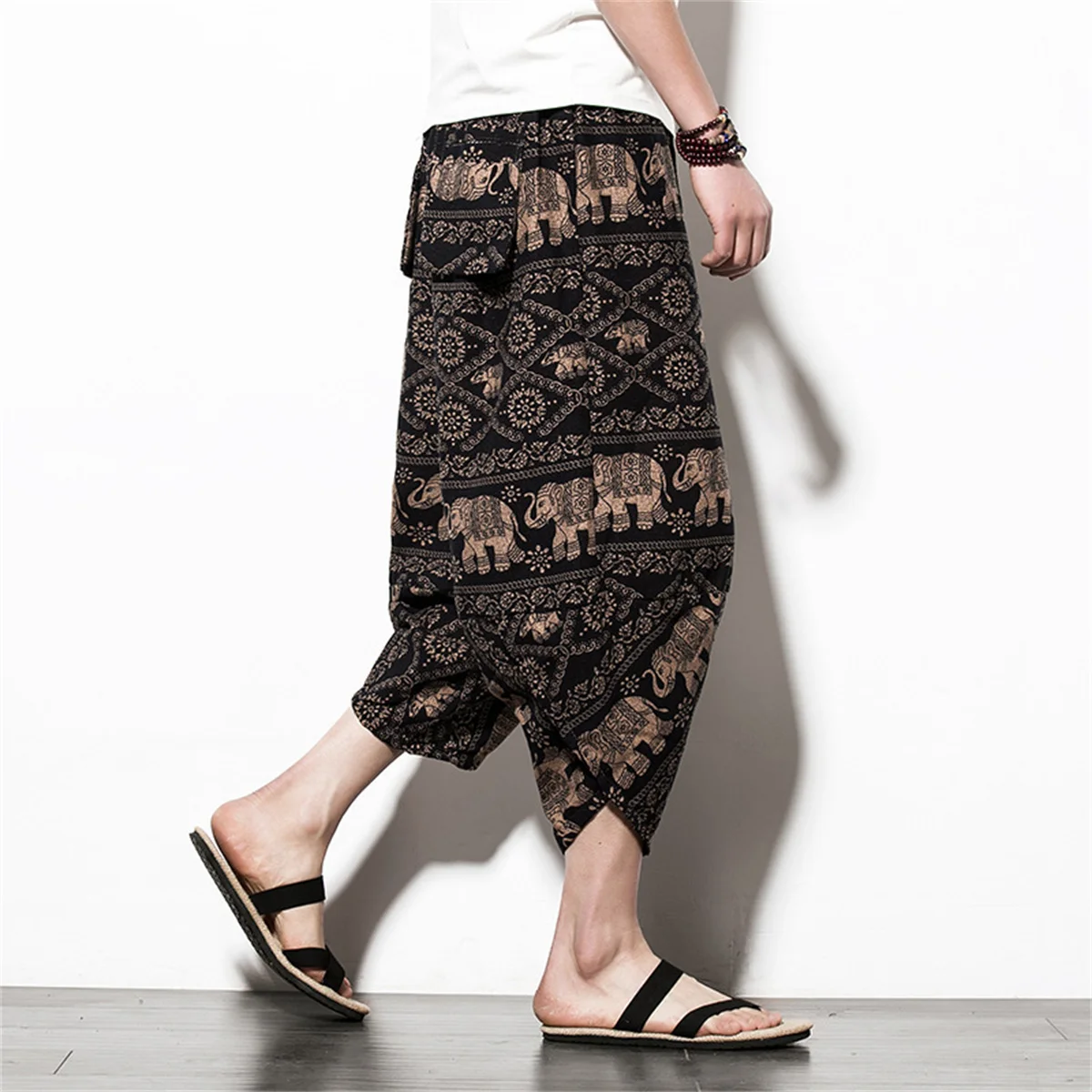 Harajuku Summer Loose Calf Length Casual Pants Men Wide Leg Cotton Linen Printing Baggy Pants Oversize Men's Trousers 3