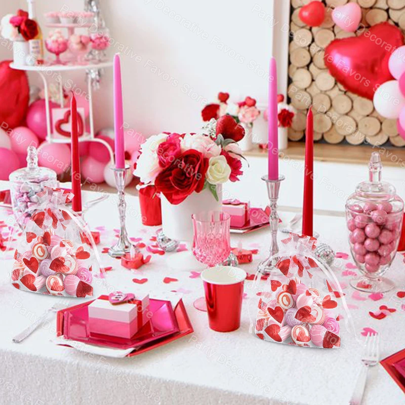 50pcs Red Love Heart Organza Bag Wedding Valentines Day Gift Candy Drawstring Bag Jewellery Display Pouches Birthday Party Decor