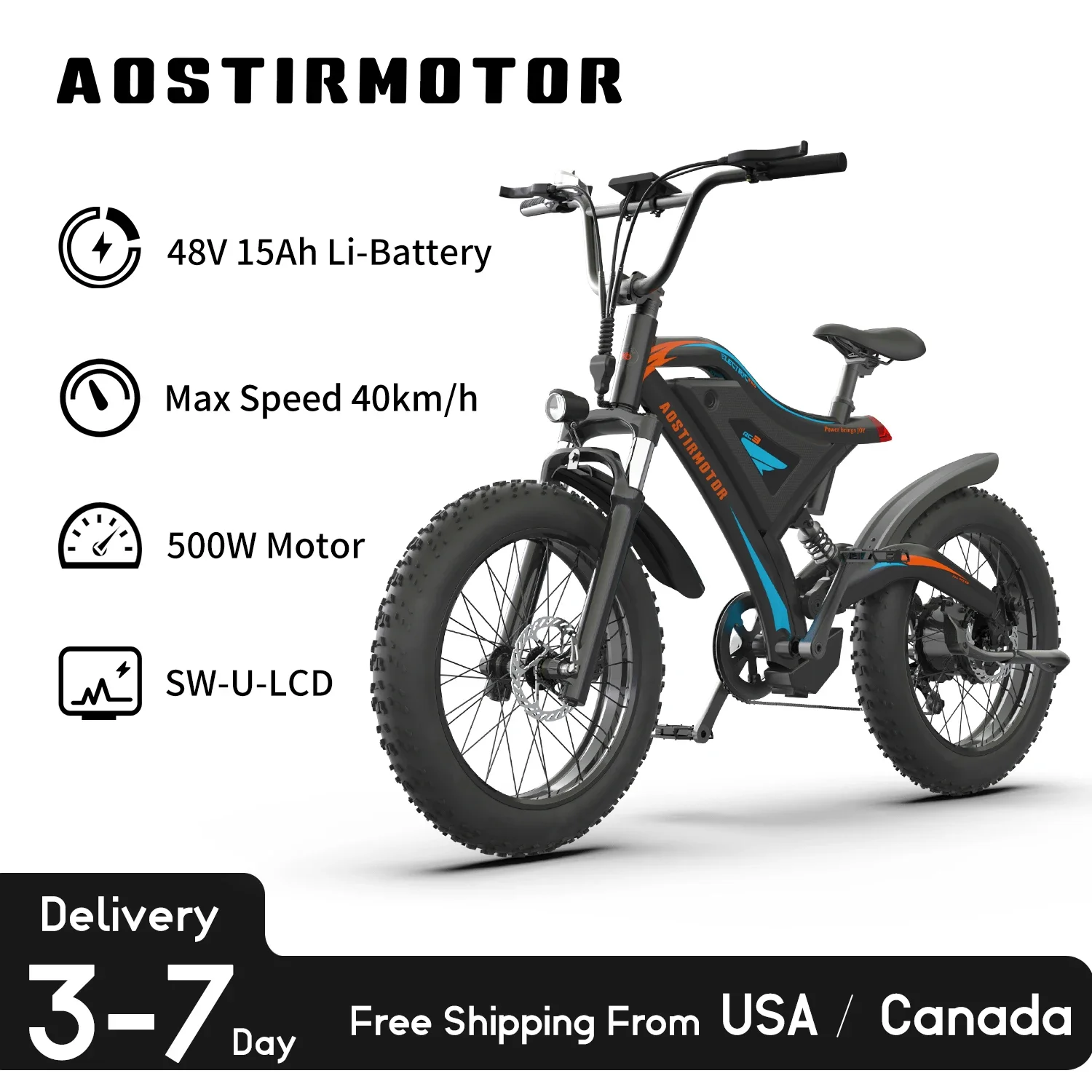 AOSTIRMOTOR Mini Electric Mountain Bike S18-Mini city Ebike 500W Motor 48V 15Ah 20Inch 4.0 Fat Tire Bicycle Beach Cycling