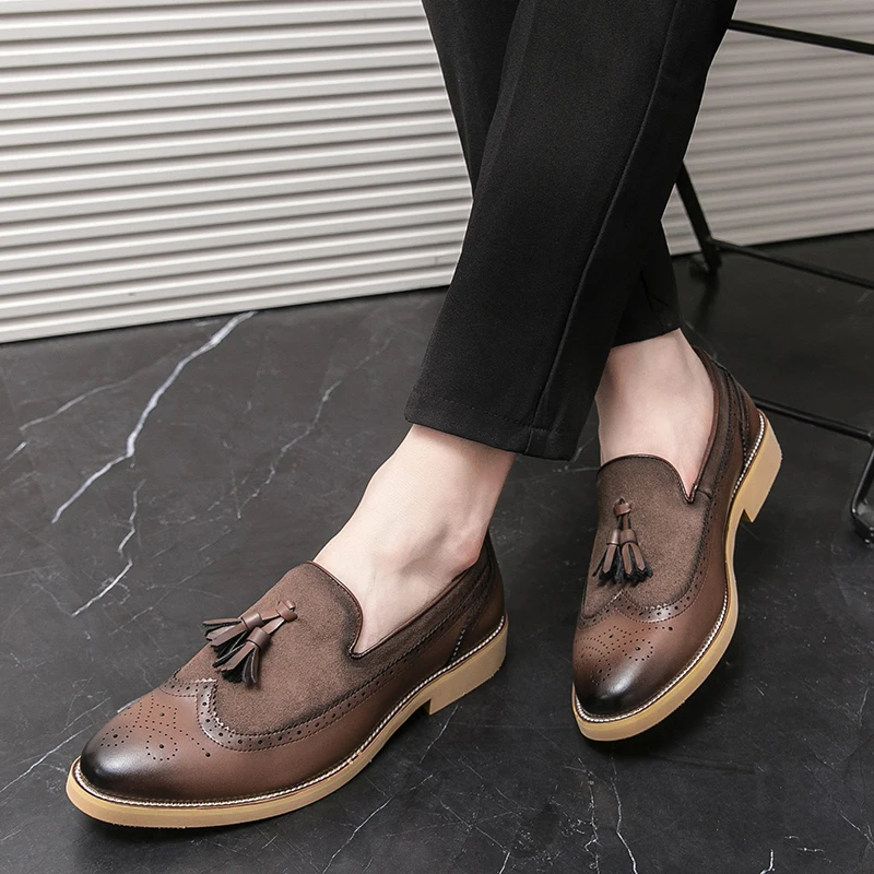 Men Brogues Fashion Tassel Loafers Slip on Designer Wedding Dress Shoes Leather Oxfords Office Business Formal Shoes Big Size 47