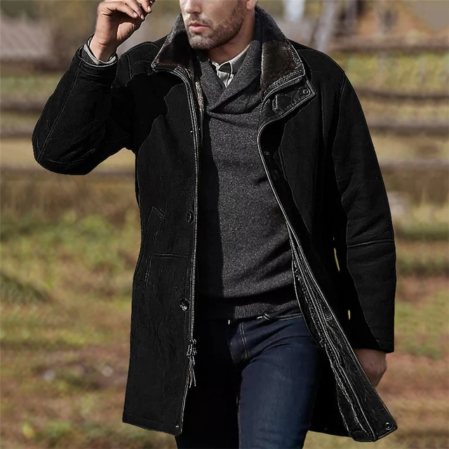 Erkek süet ceket siyah orta uzunlukta sonbahar kalın sıcak ceket yaka yaka  uzun kollu rahat ince erkekler için ceketler 2023 - AliExpress