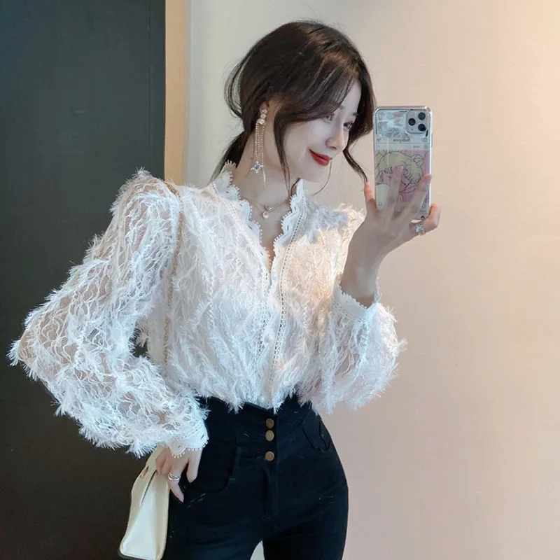 Vintage V-neck Long Sleeve Lace Blouse Women Tops Tassel White