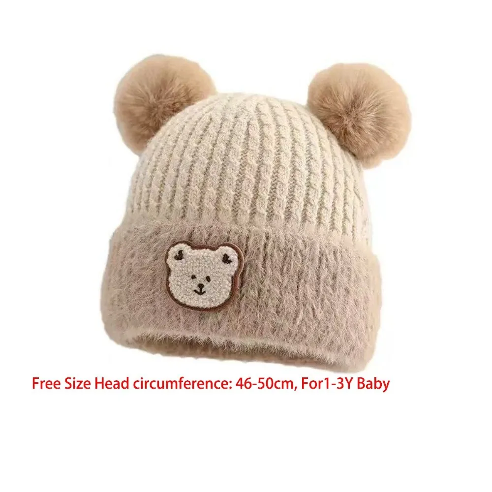 New Warm Knitted Hat Coldproof Windproof Pullover Cap Cute Bear Pompom Ear Protection Hat Outdoor Sports