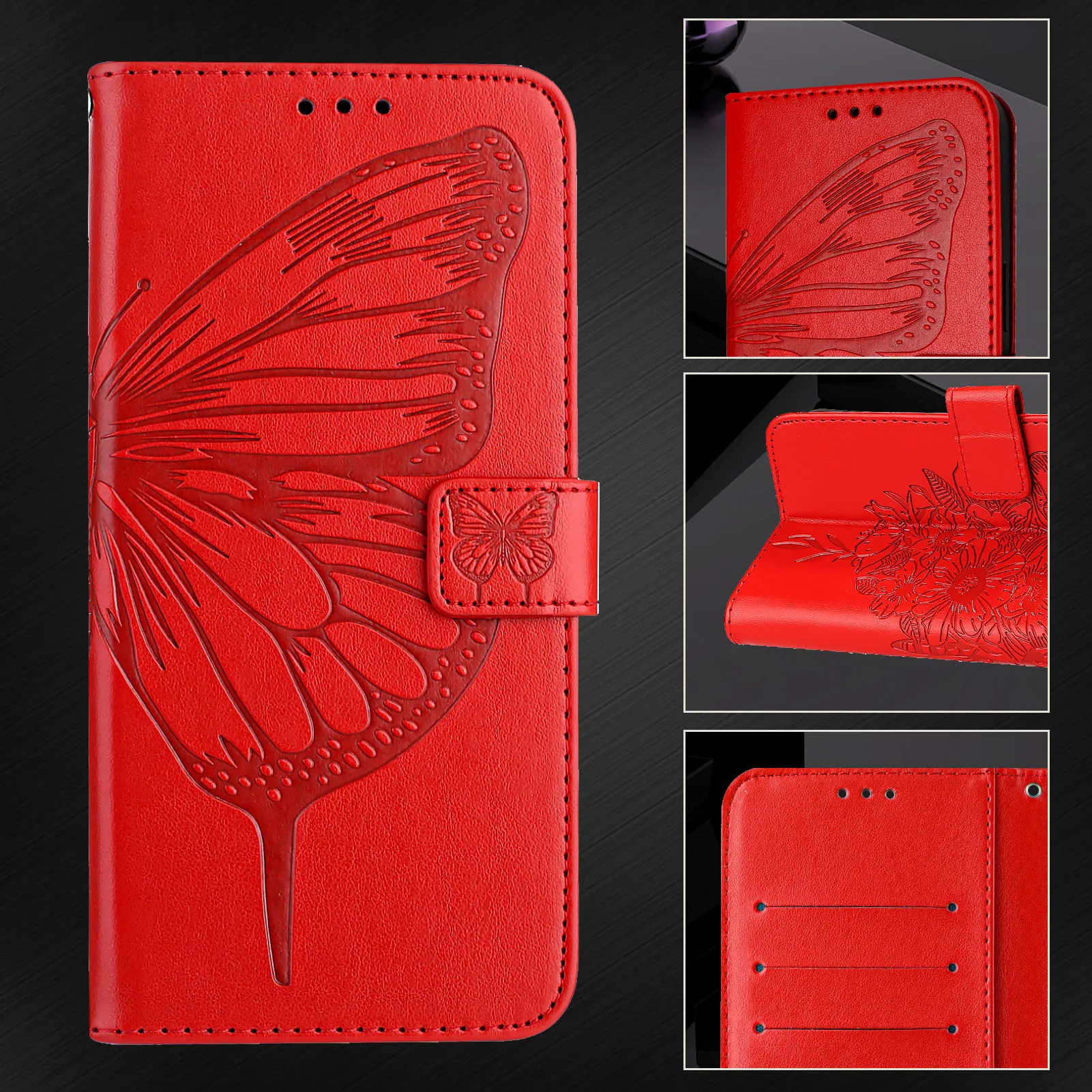 Butterfly Wing Pattern Lanyard Leather Flip Wallet Book Cover Case