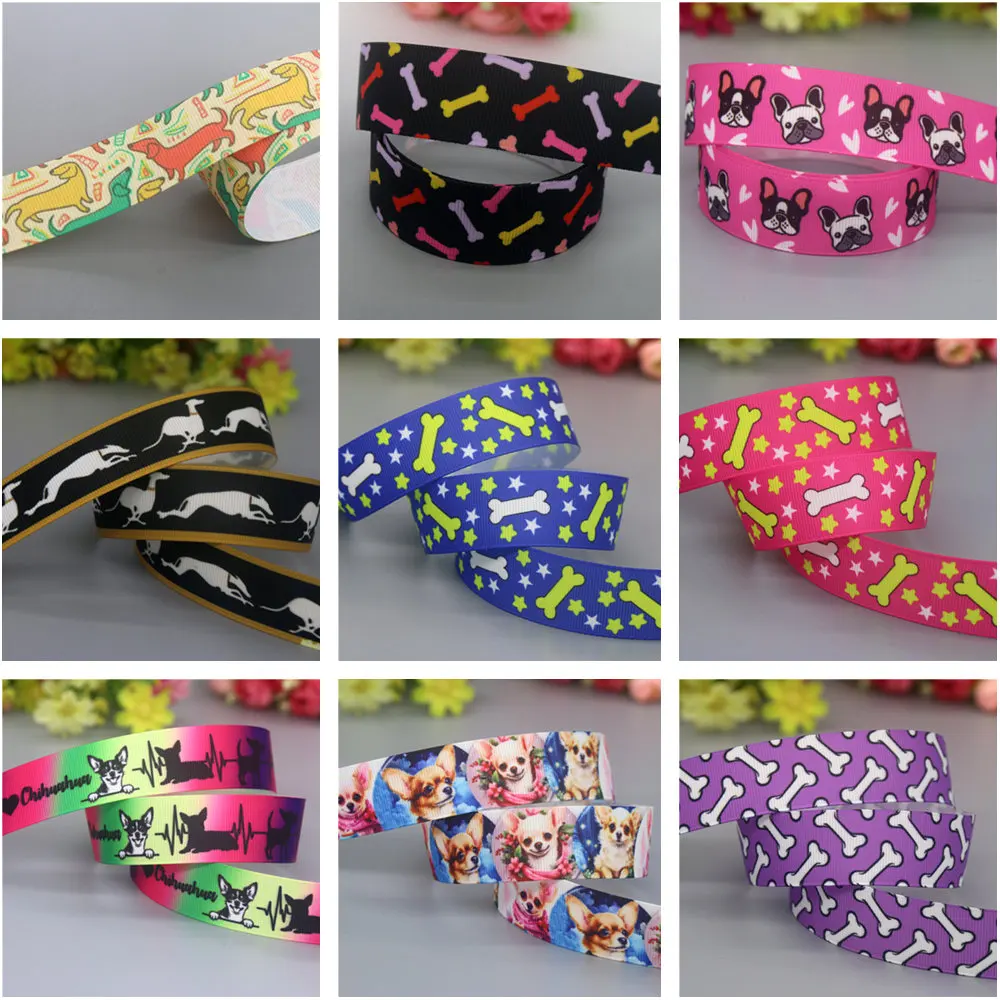DUWES 50yards Dog Cute Bone Chihuahua Printed Grosgrain Ribbon Accessories Headwear Decoration Collar DIY Sewing Craft D2587
