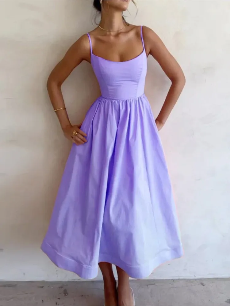 Sexy Solid Spaghetti Strap A-line Maxi Dresses Women Low Cut Sleeveless Big Skirt Dress Summer New Fashion Elegant Party Vestido