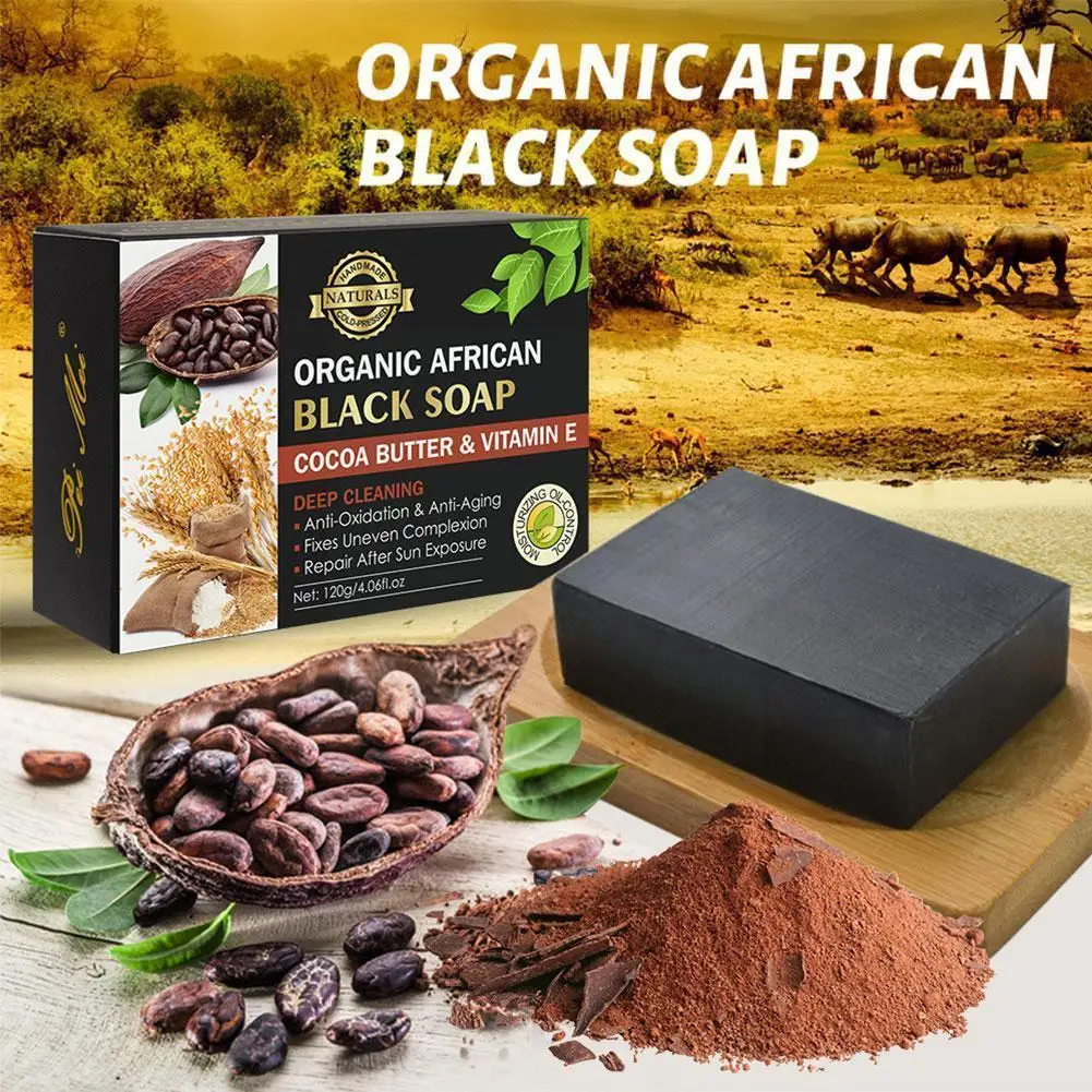 

120g Cocoa Bean Vitamin E Soap African Black Soap Whitening Handmade Soap For Acne Removal Deep Cleansing Soap Skin