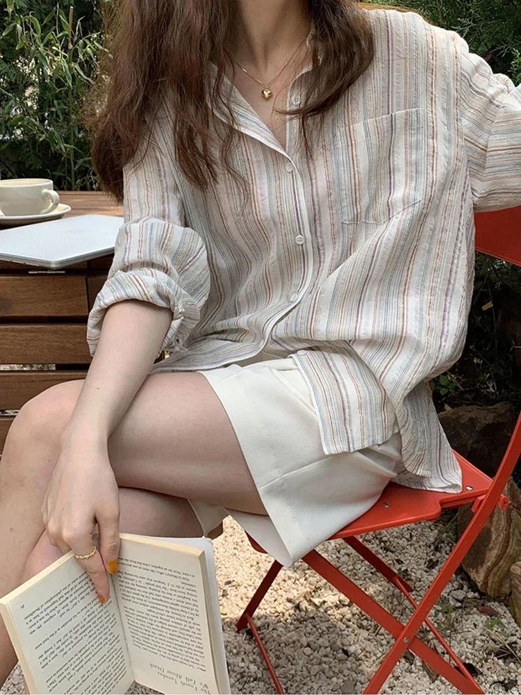 Jmprs 한국 빈티지 스트라이프 여성 셔츠, 긴 소매 디자인, 코튼 루즈 버튼 업 셔츠, 오버사이즈 여성 상의, 여름 신상
