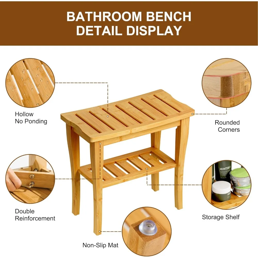 Bamboo Shower Bench 2-Tier Spa Stool for Inside Shower with Storage Shelf and Non-Slip Feet Chair Seat Organizer