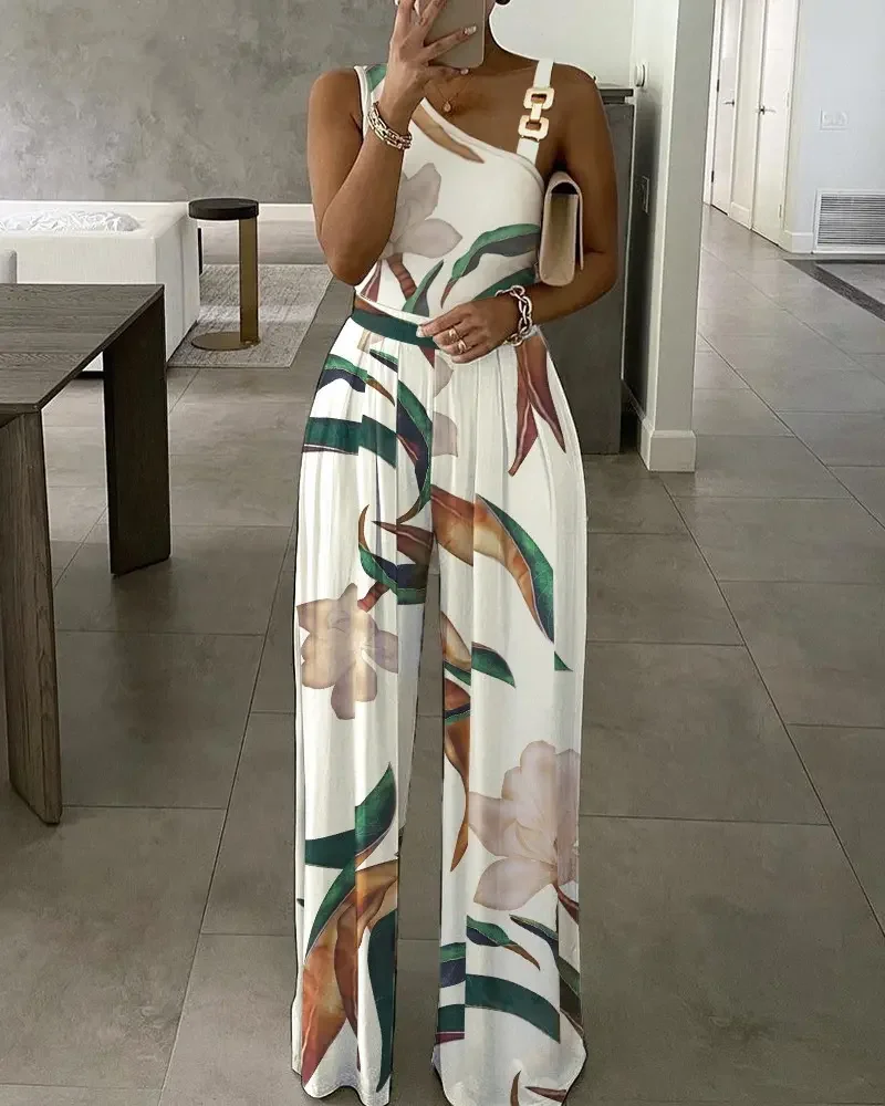 Elegant Long Women's Overalls Plants Print Asymmetrical Neck Wide Leg Jumpsuit High Waist Woman Jumpsuit Sleeveless Rompers New