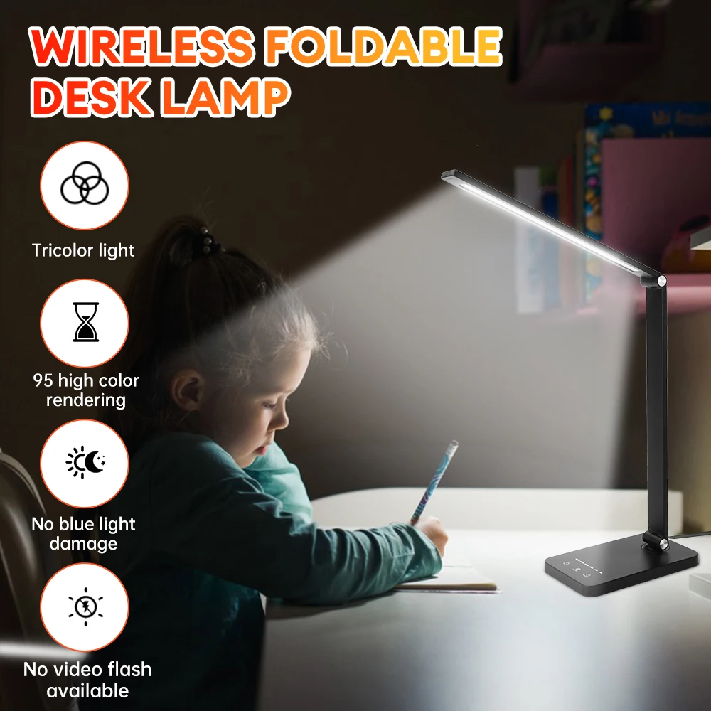 LED Desktop Reading Lamp Cordless USB Charging Eye Protection Folding Table Lamp 5 Modes Flexible Bedside Night Light For Study