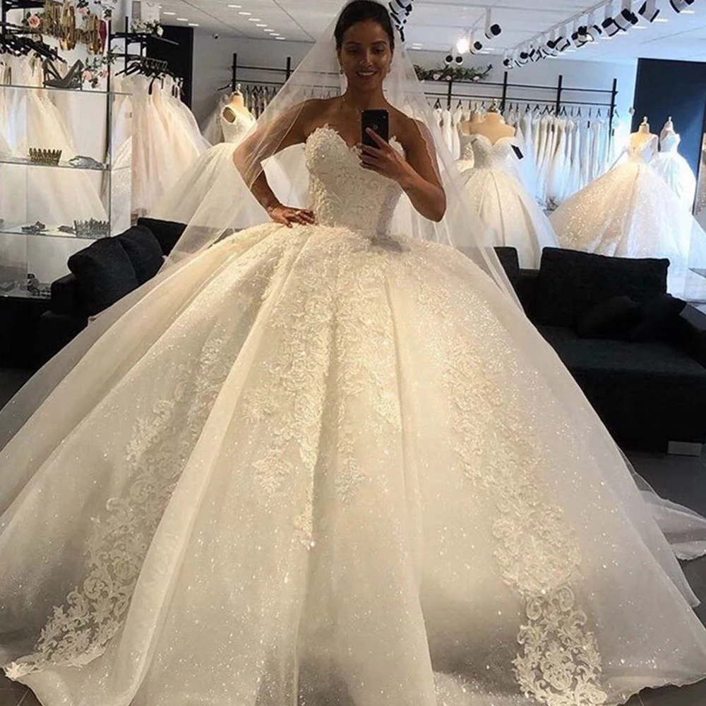 Luxury Women's Elegant Sweetheart Wedding Dresses Sexy Sleeveless Sparkling Lace Applique A-line Princess Bridal Gowns Robe 2023 4