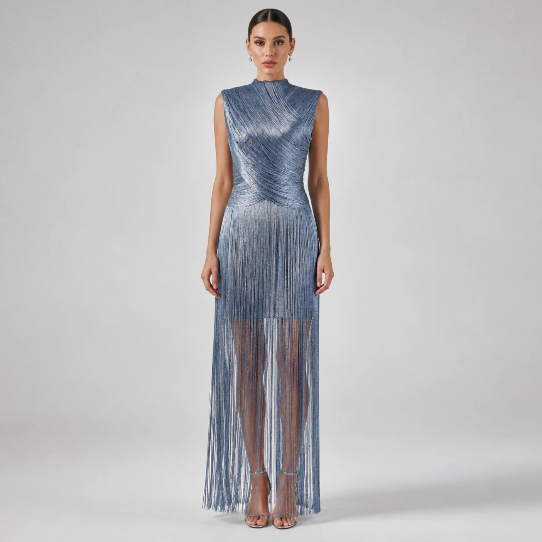 2026 Summer Women's New Blue Round Neck Sleeveless Fringe Bandage Dress Elegant Fashion Party Evening Party Dress